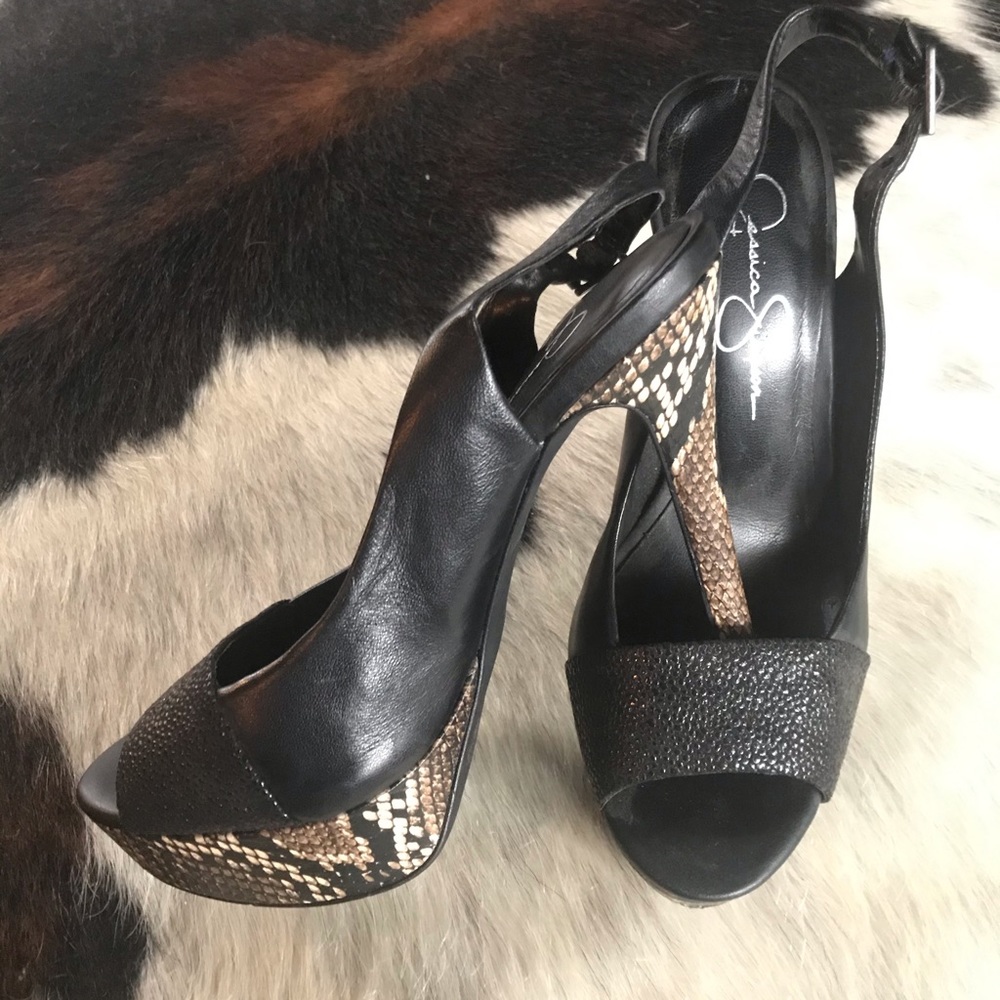 Jessica Simpson Black/Python Print Peep Toe Heels - image 2